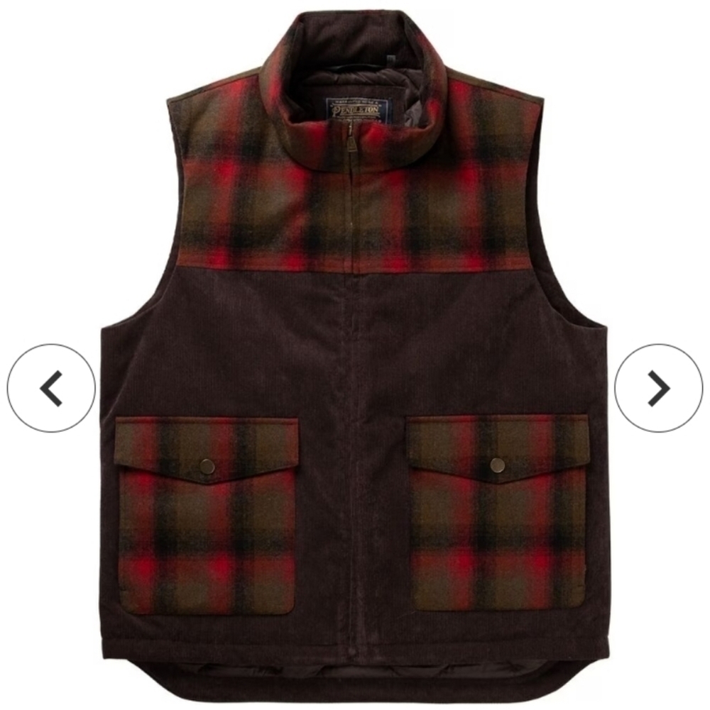 Pendleton Men's Black Hills Down Vest Red Olive Plaid